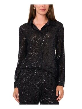 Vince Camuto Women's Sequined Button-Front Shirt - Rich Black Size M